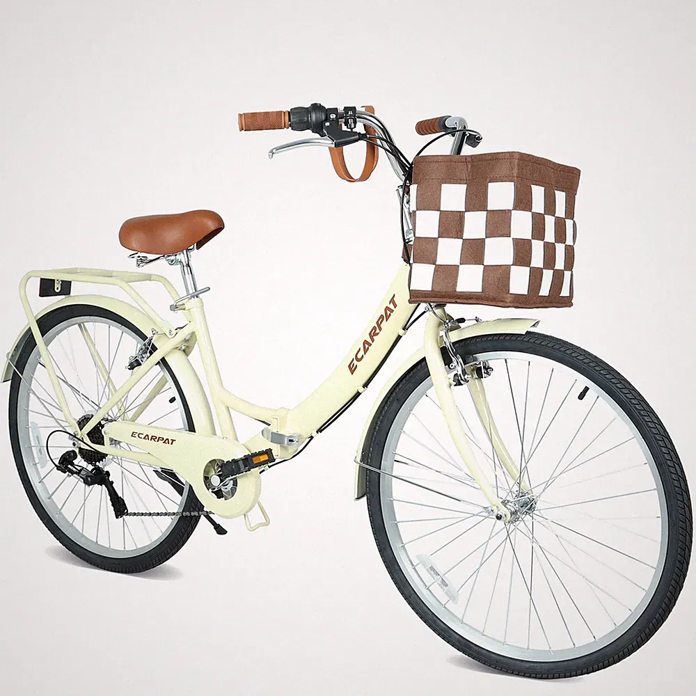 26" Folding City Bike 7-Speed Steel Frame Alloy Rims Basket Cup Holder